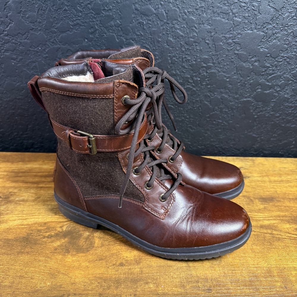 UGG Kesey 1005264 Brown Leather Wool Waterproof Combat Boots Womens Size 8